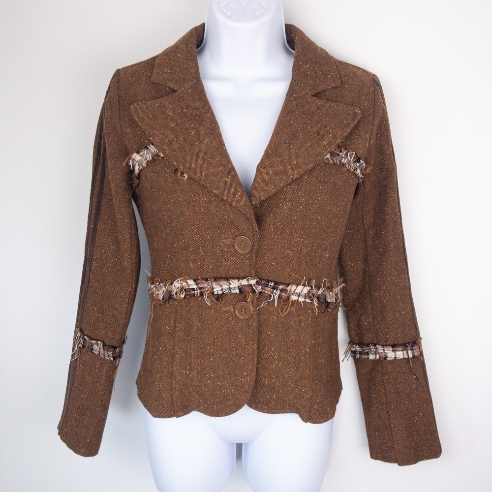 Coffee Shop Blazer Womens Small Brown Tweed Plaid Trim‎ Raw Edge Jacket